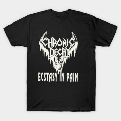Black graphic t-shirt with bold white "Ecstasy in Pain" text and artistic design, casual wear, 100% cotton.