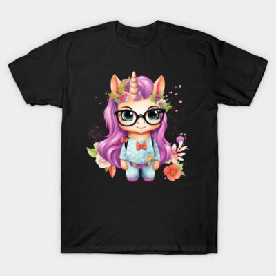 Black t-shirt featuring a cute unicorn with glasses and flowers, ideal for casual wear. Fun and colorful design.