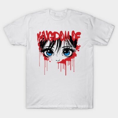 White anime graphic t-shirt with bold red text and blue-eyed design, perfect for casual wear.