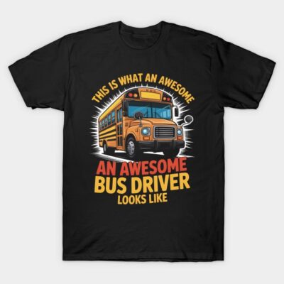 Black t-shirt with "Awesome Bus Driver" graphic featuring a yellow school bus, ideal for bus drivers, cotton material.