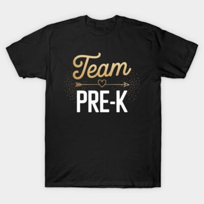 Black "Team Pre-K" T-shirt, casual style, with gold and white text, perfect for preschool events or casual wear.