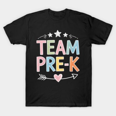 Black "Team Pre-K" t-shirt with colorful letters, star and heart design, perfect for preschool teachers or staff.