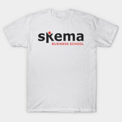 White Skema Business School T-shirt, short sleeve, cotton, casual wear, with black and red logo print.