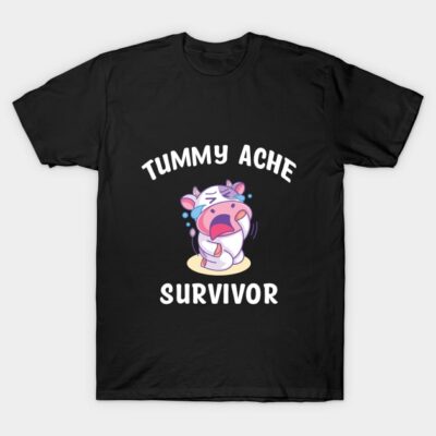 Black T-shirt with "Tummy Ache Survivor" text and cute cartoon design, perfect for casual wear. Cotton material.