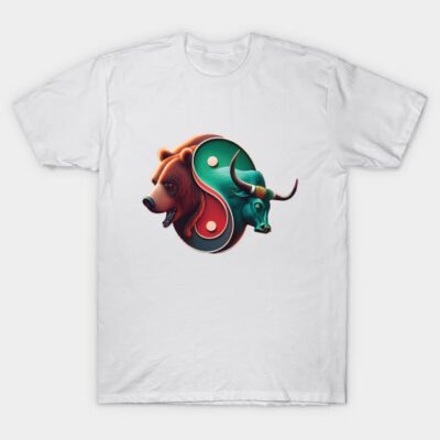 White t-shirt with bear and bull yin-yang design, cotton material, casual style, great for everyday wear.