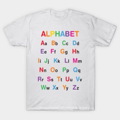 White T-shirt with colorful alphabet print, casual style, cotton material, perfect for educational or casual wear.