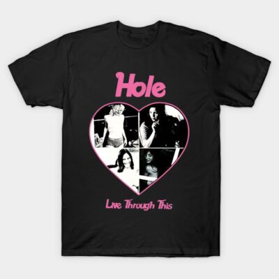 Black graphic t-shirt with heart-shaped photo collage and pink text, made from soft cotton, casual style.
