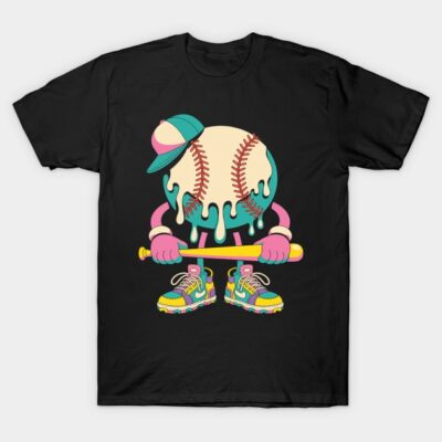 Black T-shirt with colorful baseball graphic, featuring a cap and sneakers, playful sports theme for casual wear.