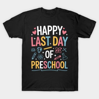 Black "Happy Last Day of Preschool" t-shirt with colorful text and playful icons, perfect for preschool celebrations.