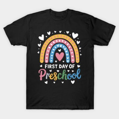 Black t-shirt with colorful rainbow and heart design, featuring "First Day of Preschool" text, perfect for kids.