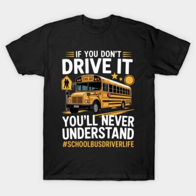 "Black t-shirt with school bus graphic and text, perfect for school bus drivers, casual wear, cotton material."