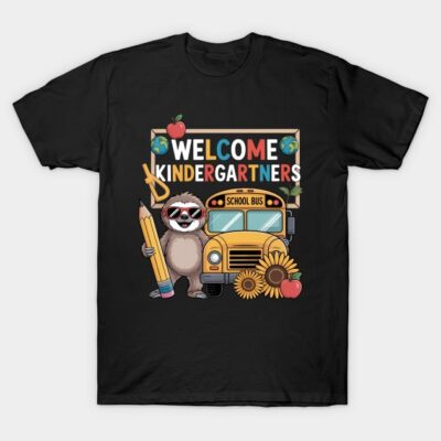 Black T-shirt with "Welcome Kindergartners" design, featuring a sloth, school bus, pencils, apples, and sunflowers.