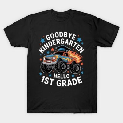 Black kids' t-shirt with colorful monster truck graphic, "Goodbye Kindergarten, Hello 1st Grade" text, casual style.