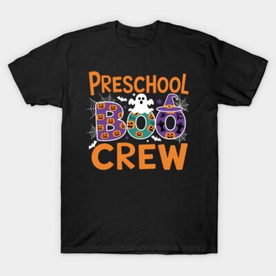 Black Halloween-themed t-shirt with "Preschool Boo Crew" text, featuring ghost and pumpkin graphics. Fun kids' apparel.