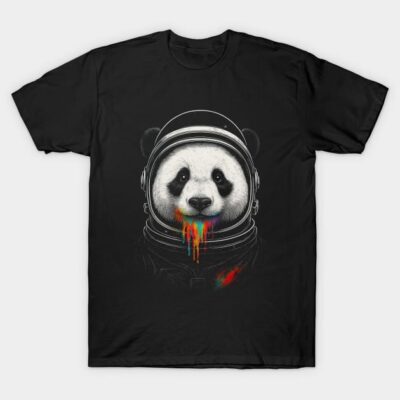 Black T-shirt featuring colorful panda astronaut design, ideal for casual wear, made from soft cotton.