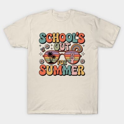Cream T-shirt with "School's Out for Summer" graphic, retro style, colorful text and sunglasses design, casual wear.