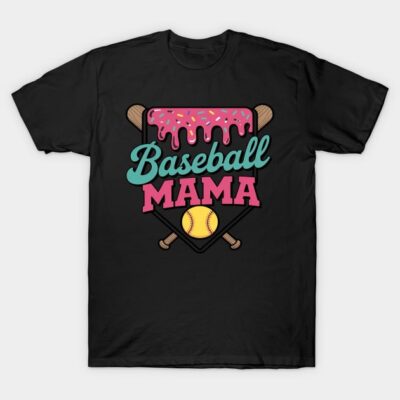 Black "Baseball Mama" T-shirt with colorful graphic design, featuring baseball elements and playful text.