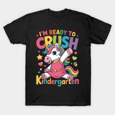 Black t-shirt with colorful "I'm Ready to Crush Kindergarten" text and unicorn graphic, ideal for kids starting school.