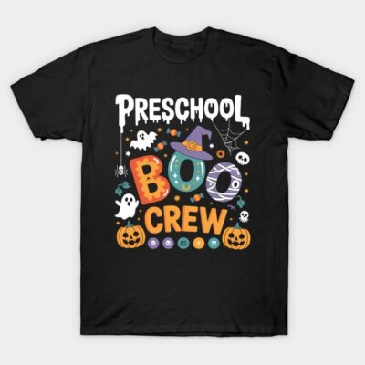 Black "Preschool Boo Crew" Halloween T-shirt with colorful ghost and pumpkin design, perfect for festive occasions.