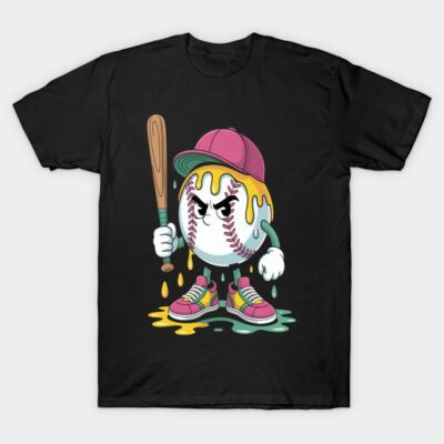 Black t-shirt featuring colorful, cartoon baseball character with bat, cap, and sneakers. Fun, casual sportswear design.
