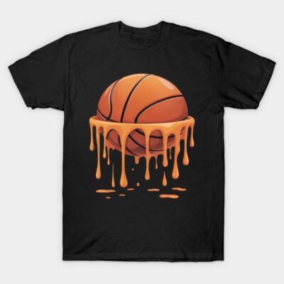 Black t-shirt with dripping basketball design, casual sportswear, cotton material, perfect for basketball enthusiasts.