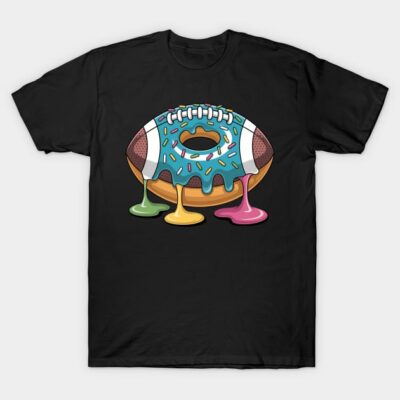 Black t-shirt with colorful football donut graphic, perfect for casual wear, cotton material, unisex design.
