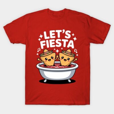 Red "Let's Fiesta" T-shirt with cute nacho characters in sombreros, perfect for casual wear or themed parties.