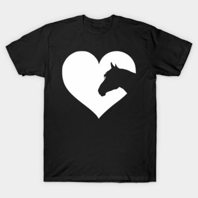 Black t-shirt with white heart and horse silhouette design, casual wear, cotton material.