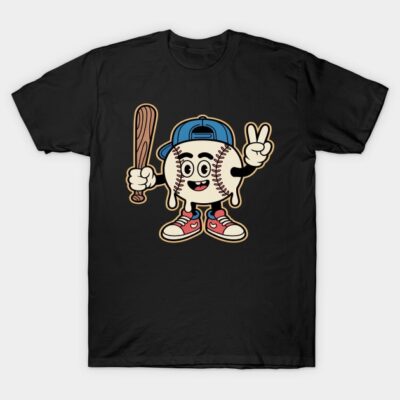 Black T-shirt with cartoon baseball character, blue cap, bat, and sneakers. Fun sports-themed casual wear.
