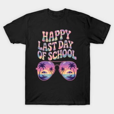 Black t-shirt with "Happy Last Day of School" text and sunglasses graphic, featuring a colorful sunset and palm trees.