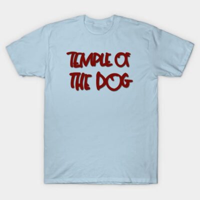 Light blue "Temple of the Dog" t-shirt, red text, casual unisex style, cotton material, perfect for everyday wear.