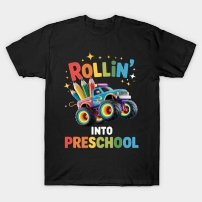 Black t-shirt with colorful "Rollin' Into Preschool" graphic, featuring a monster truck and pencils, perfect for kids.