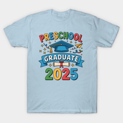 Light blue preschool graduate 2025 t-shirt featuring colorful graphic design, perfect for celebratory occasions.