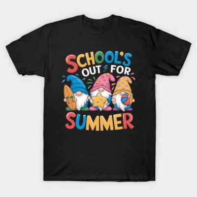 Black T-shirt with colorful "School's Out For Summer" gnome design, casual summer wear, cotton material.