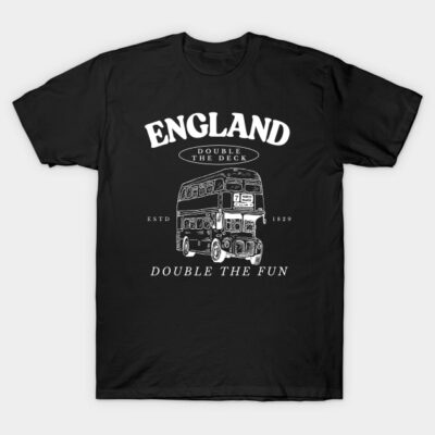Black t-shirt featuring vintage double-decker bus graphic and "England" text, casual wear, comfortable cotton fabric.