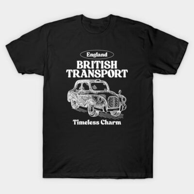Black t-shirt featuring vintage British car print, "British Transport" text, casual style, 100% cotton, unisex design.