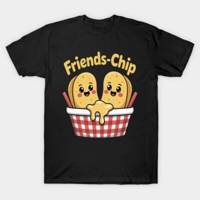 Black t-shirt with cute "Friends-Chip" graphic, featuring cartoon chips in a basket with cheese. Fun and casual style.