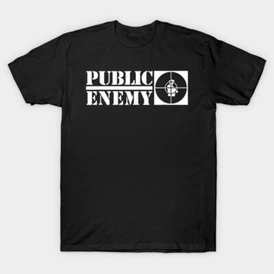 Black t-shirt with bold white "Public Enemy" text and logo, casual style, cotton material, ideal for everyday wear.