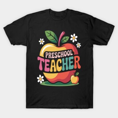 Black t-shirt with colorful "Preschool Teacher" apple design, ideal for educators. Cotton material, casual wear.