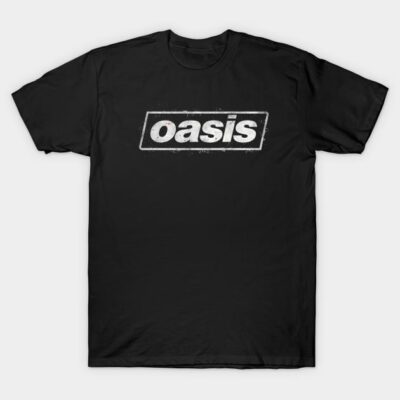 Black cotton t-shirt with white "Oasis" logo, casual wear, unisex design, perfect for music fans.