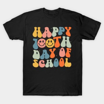 Black t-shirt with colorful "Happy 100th Day of School" retro design, perfect for school celebrations.