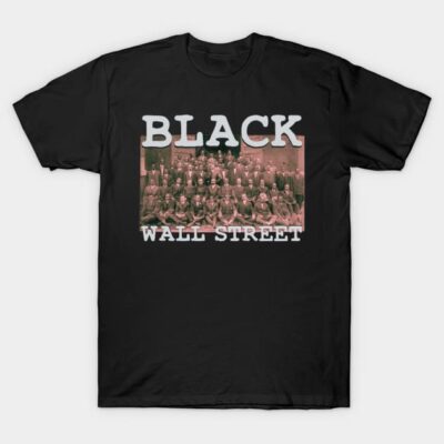 Black cotton t-shirt featuring "Black Wall Street" graphic, casual style, ideal for everyday wear.