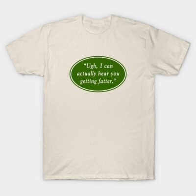 Cream-colored cotton t-shirt with humorous green oval quote design, casual wear.