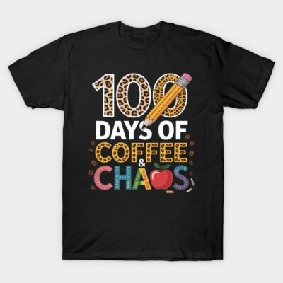 Black t-shirt with "100 Days of Coffee & Chaos" graphic, featuring a pencil and colorful design for casual wear.