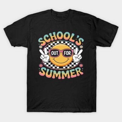 Black t-shirt with colorful "School's Out for Summer" text and smiling emoji design, perfect for casual summer wear.