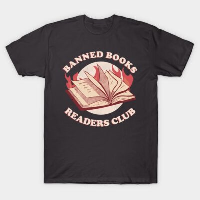 Black "Banned Books Readers Club" t-shirt featuring open book with flames design, perfect for book lovers.