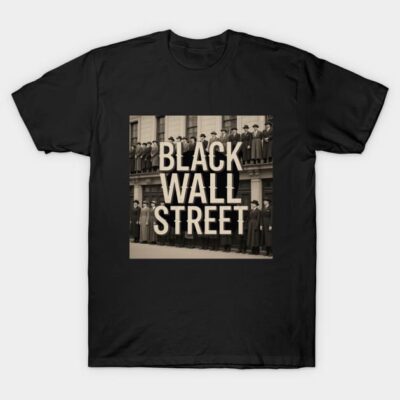 Black t-shirt featuring "Black Wall Street" graphic, vintage style, unisex casual wear, cotton material.