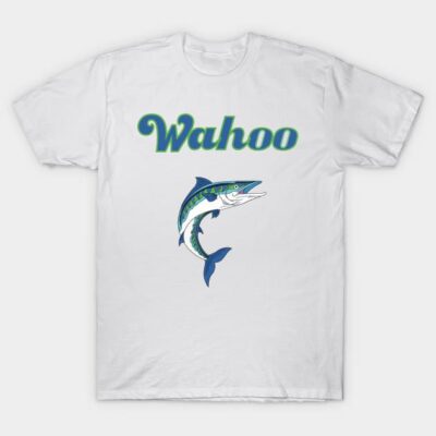 White t-shirt with "Wahoo" text and fish graphic, casual style, 100% cotton, perfect for everyday wear.