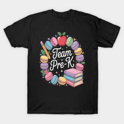 Black "Team Pre-K" T-shirt with colorful school-themed design, perfect for preschool teachers, cotton material.
