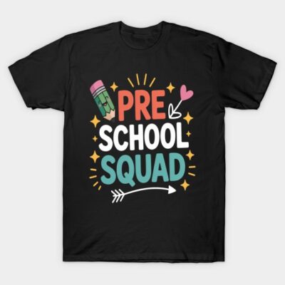 Black "Preschool Squad" T-shirt with colorful text and graphic design, perfect for casual wear or school events.